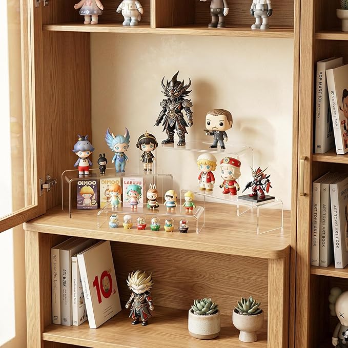 FUNFERY Acrylic Display Risers, 2 Set(7.8" L~8.2" L~8.6" L~9Ã¢ÂÂL) Display Shelf for Figure, Collectibles, Cupcake, Clear Acrylic Stands for Dessert, Jewelry, Candy Showcase, 4 Tier Action Figure Stand