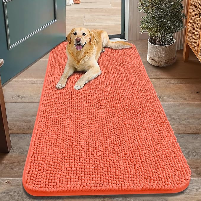 Smiry Dog Door Mat for Muddy Paws 48x30, Absorbs Moisture and Dirt Doormat, Non-Slip Washable Quick Dry Chenille Front Door Mat Indoor Entrance, Entryway Carpet for Inside Floor, Coral