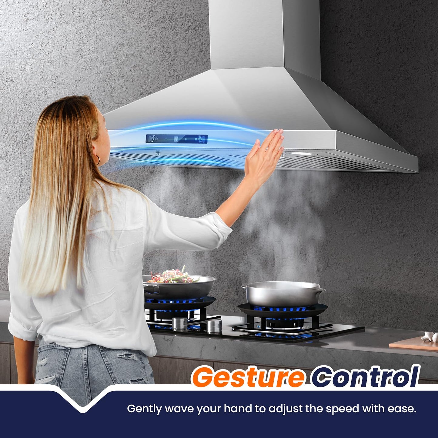 Wall Mount Range Hood 30 inch, 700 CFM Kitchen Hood Stainless Steel Stove Vent Hood with Gesture Sensing & Touch Control, Ducted/Ductless Convertible Duct, 3-Speed Fan, LED Lights, Baffle Filters
