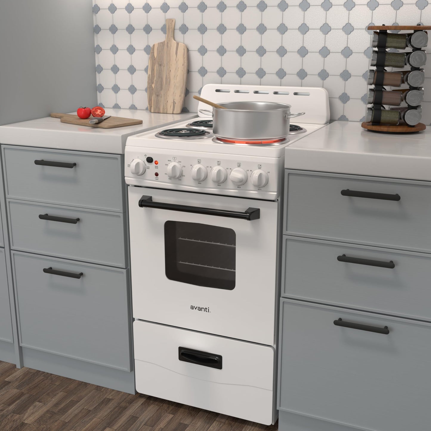 Avanti Electric Range Oven Compact Design, 2.1-Cu.Ft. Capacity with 4 Coil Burners, Framed Glass Oven Door, Storage Drawer and Broiler with Pan, 20-Inch, White