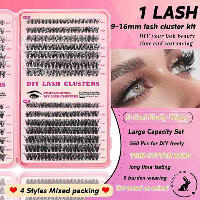 Lash Clusters Kit, 560 Pcs Eyelashes Clusters Kit 9-16mm Individual Lash Extension Kit D Curl Fluffy Wispy False Eyelashes (30D+40D+50D+60D, Lash Clusters)