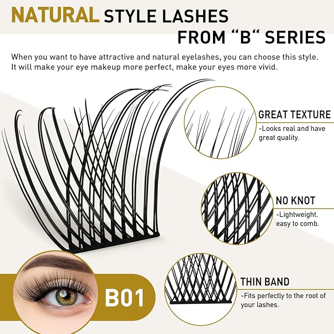 Lash Clusters B01 DIY Eyelash Extensions 72 Clusters Lashes C D Curl B&Qaugen Mega Volume Individual Lashes Eyelash Clusters Extensions Wispy Lashes Cluster DIY at Home (B01-D-8-16MIX)