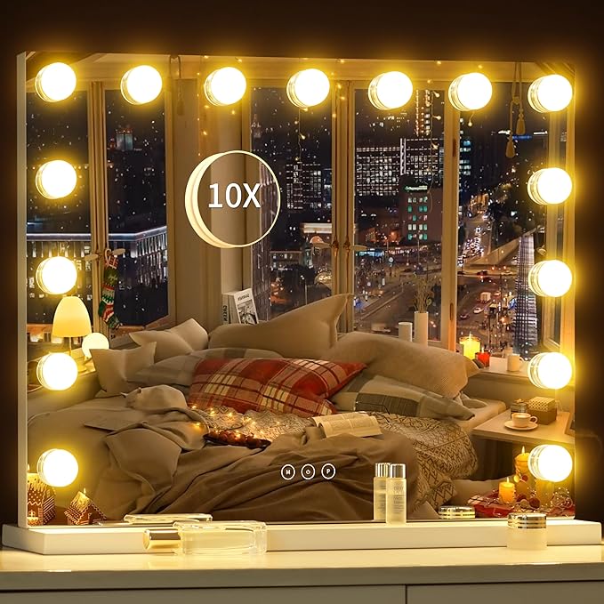 Vanity Mirror with Lights Lighted Makeup Mirror with 15 Dimmable LED Bulbs,3 Color Lighting Modes,USB Charging Port Touch Control,Sturdy Metal Frame Design,White