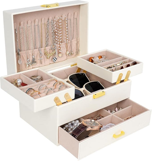 Dajasan Jewelry Organizer Box, Large Jewelry Boxes for Women Girls, Compact 3 Layers Jewelry Storage Case with Drawer, Movable Metal Stand, Modern, Gift Idea (Cloud White + Gold)
