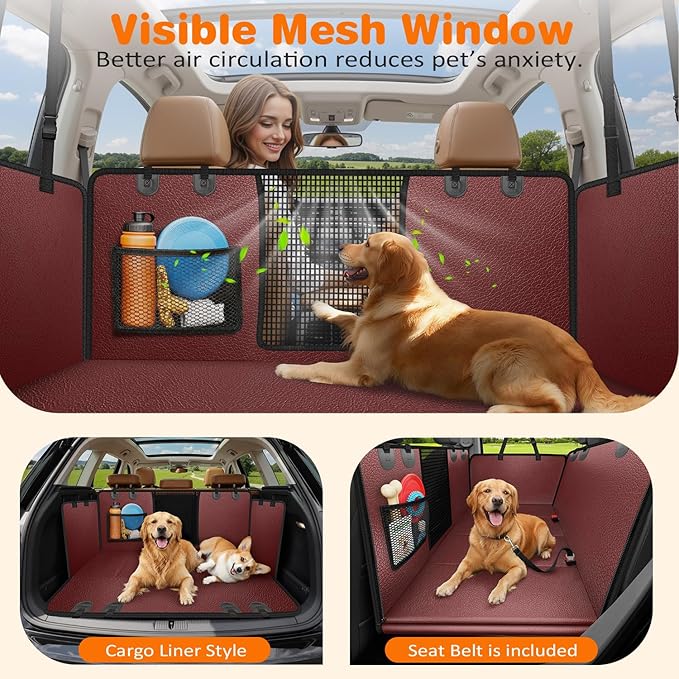 URPOWER PU Leather Backseat Extender for Dogs, Hard Bottom Dog Car Seat Cover for Back Seat, Waterproof Dog Car Hammock Anti-Scratch Pet Rear Seat Protector Travel Bed for Car and SUV