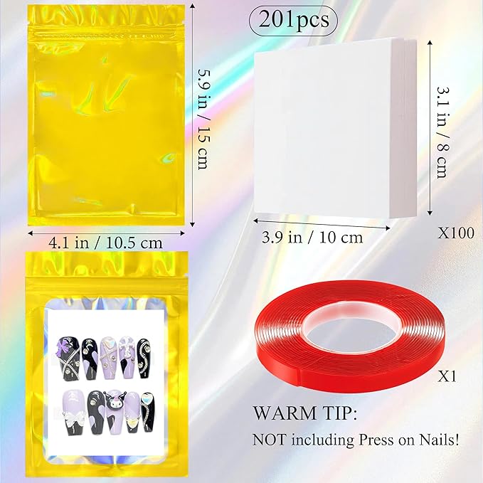 Qenk 100PCS Empty Holographic Nail Storage Bag Press on Nail Packaging Bag and 100PCS Shiny white cardboard Nail Tips Packaging Bags with 1 Roll Transparent Tape (Gold)
