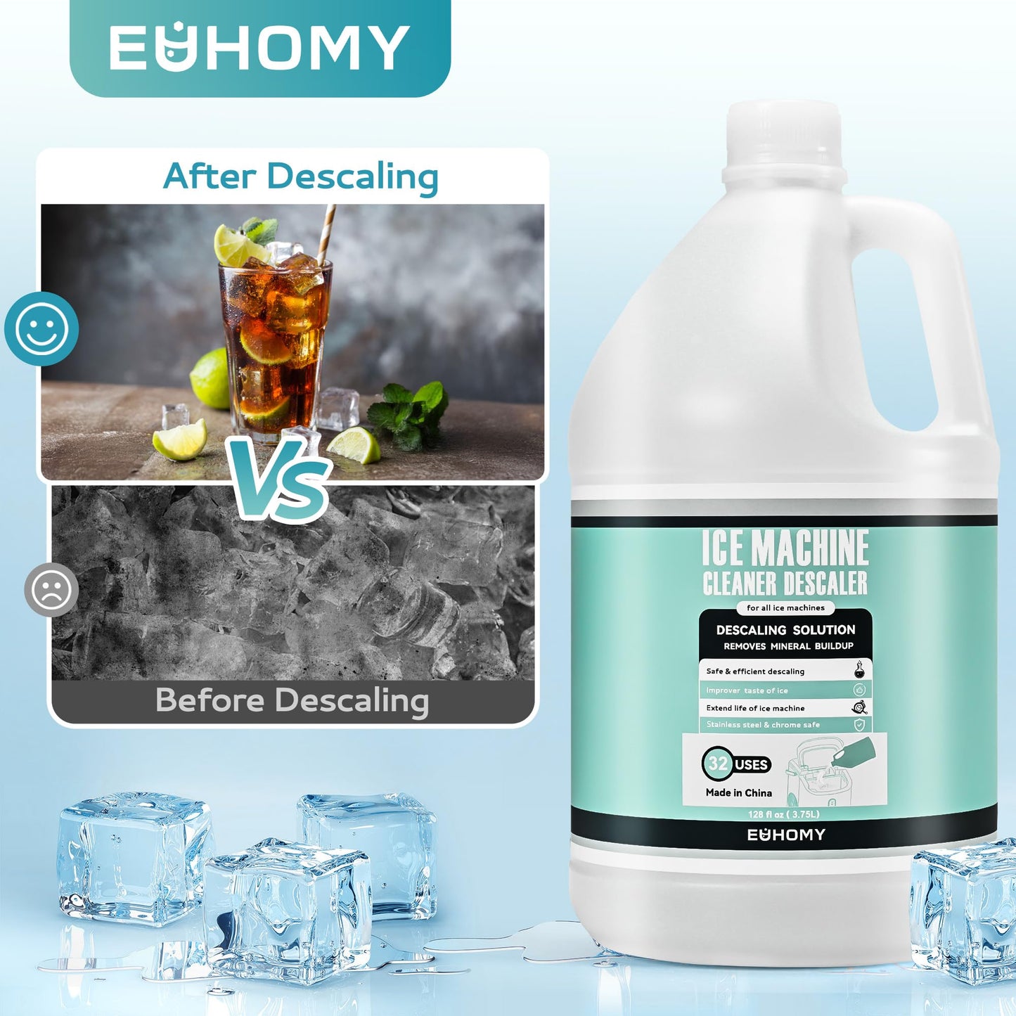 EUHOMY Max 33 Uses Ice Machine Cleaner Descaler (1 Gallon / 3.75L), 128 Fl OZ Ice Maker Cleaner, Ideal Universal Descaling Solution for All Brands Ice Maker, Single Use Coffee and Espresso Machines