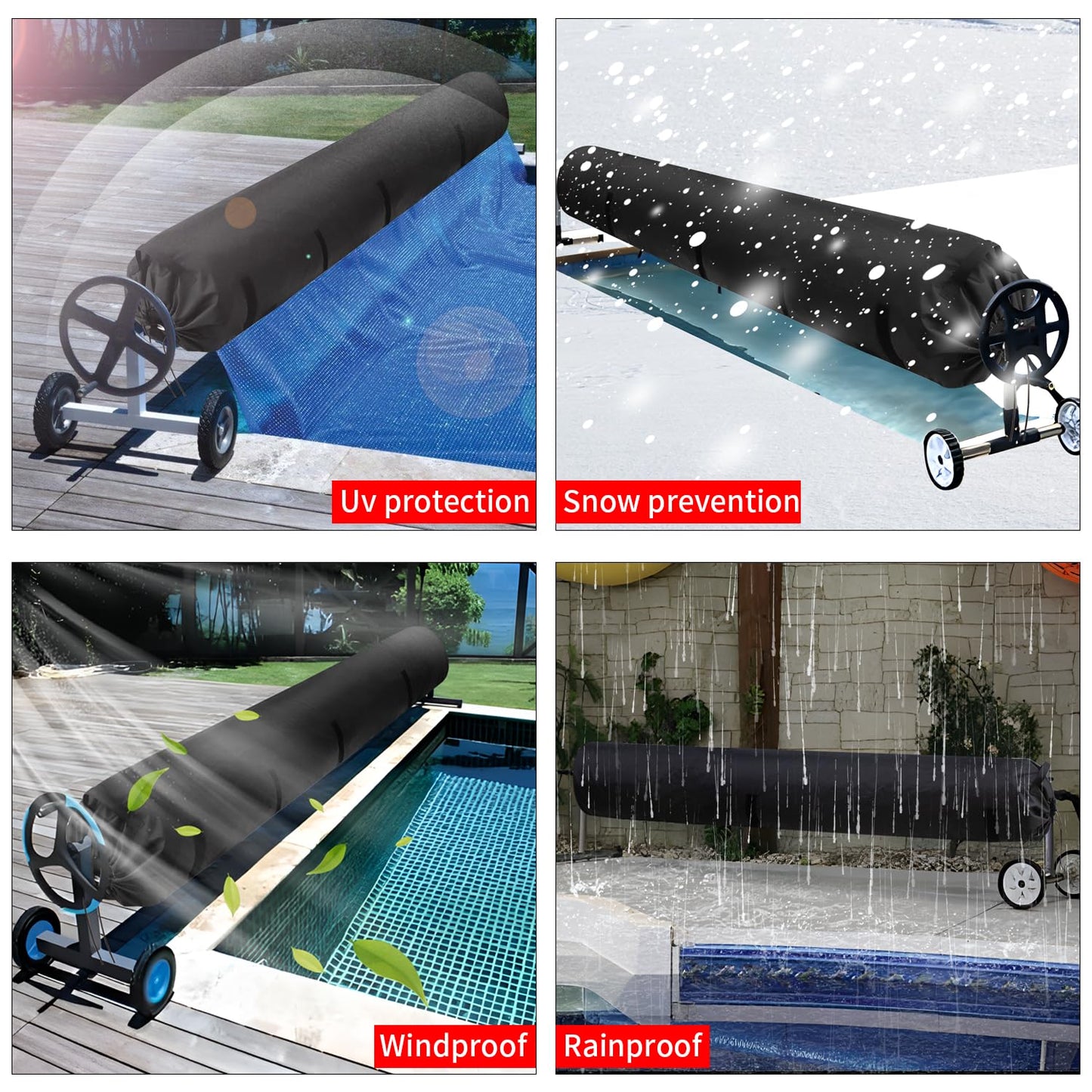 UCEDER Pool Solar Reel Cover with Adjustable Strap, 420D Waterproof Heavy Duty Solar Blanket Protective Cover for Above Ground and Inground Swimming Pool (Black, 16 Ft)