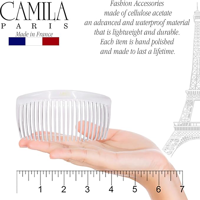 Camila Paris French Side Combs Large 2 Colors Each Curved French Twist Hair Combs Decorative, Strong Hold Hair Clips for Women Bun Chignon Up-Do, No Slip Styling Girls Hair Accessories, Made in France