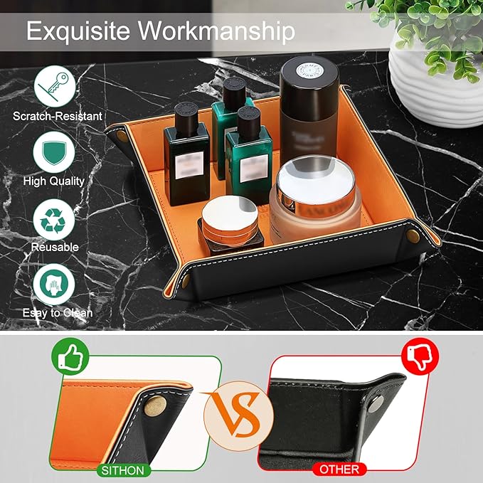 SITHON Valet Tray Desktop Storage Organizer Ã¢ÂÂ Premium PU Leather Catchall Bedside Vanity Tray Nightstand Caddy Holder for Remote Controller, Keys, Phone, Wallet, Coin, Jewelry (Orange)