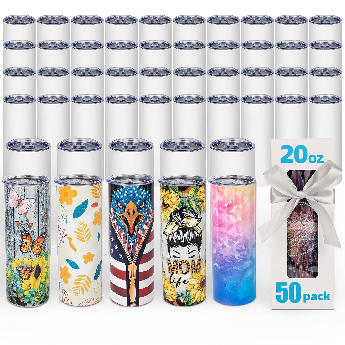 UIRZOTN 50 Pack 20oz Sublimation Tumbler Blanks Skinny Straight in Bulk, Stainless Steel Insulated Sublimation Tumbler with Polymer Coating for Heat Transfer, With Lid, Straw, ribbon, Gift box