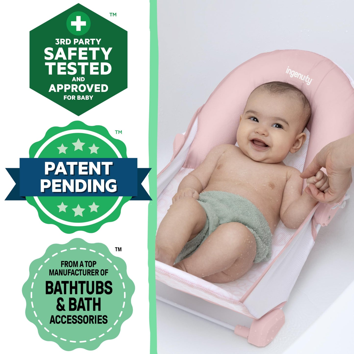Ingenuity Foldaway 2-Position Bather, 2-Position Adjustable Support Baby Bath seat for Sink or Bathtub, Ages 0-6 Months, up to 20 pounds, Pink