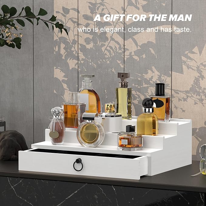 upcessory Cologne Organizer for Men, 3 Tier Wood Perfume Organizer with Felt Lining Drawer and Hidden Compartment, White Perfume Display Holder, A Gift for Men