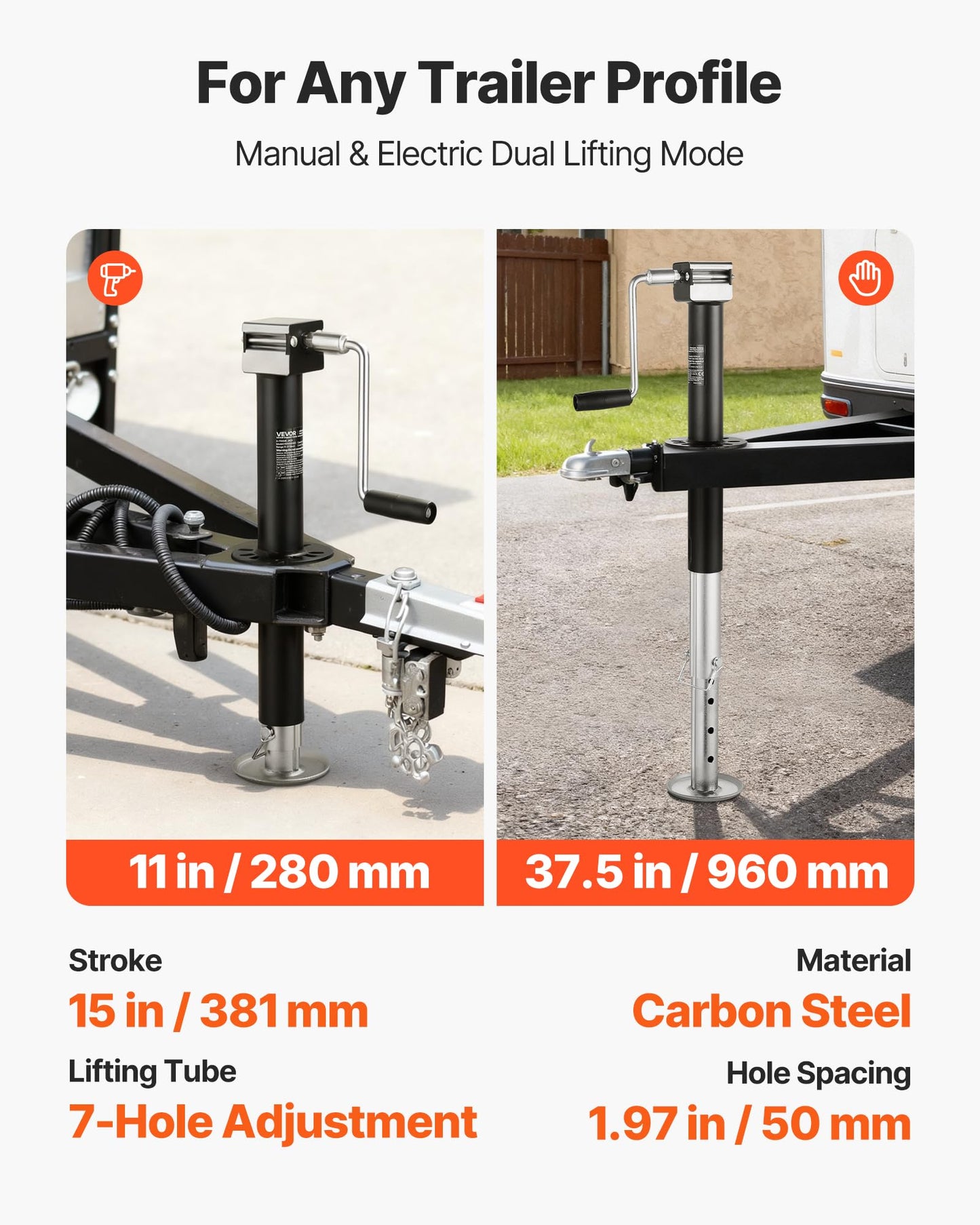 VEVOR 5000 lbs A-Frame Trailer Jack, 15-Inch Vertical Travel, Trailer Lift Jack with Adjustable 7-Level Drop Leg & Drill Socket, Cordless Drill Compatible, Suitable for RV, Utility, Yacht Trailers