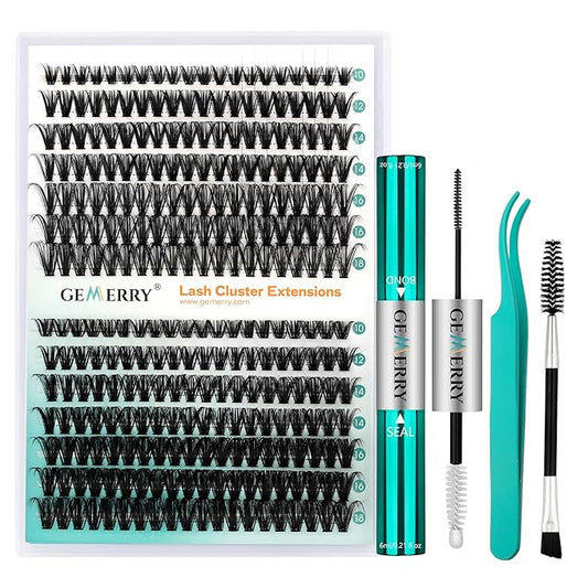 GEMERRY Lash Extension Kit DIY 280pcs Lash Clusters Kit Eyelash Extension Kit D Curl Individual Lashes Kit with Lash Bond and Seal Lash Tweezers for Self Use（40P+50P-10-18mm)