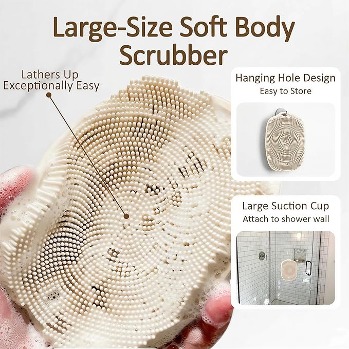 Soft Silicone Body Scrubber, Gentle Like a Hand Exfoliating Your Skin and Build Up Lather Easily, Back Large Suction Cup Easy to Store, Long-Lasting & Deep Clean (Beige)