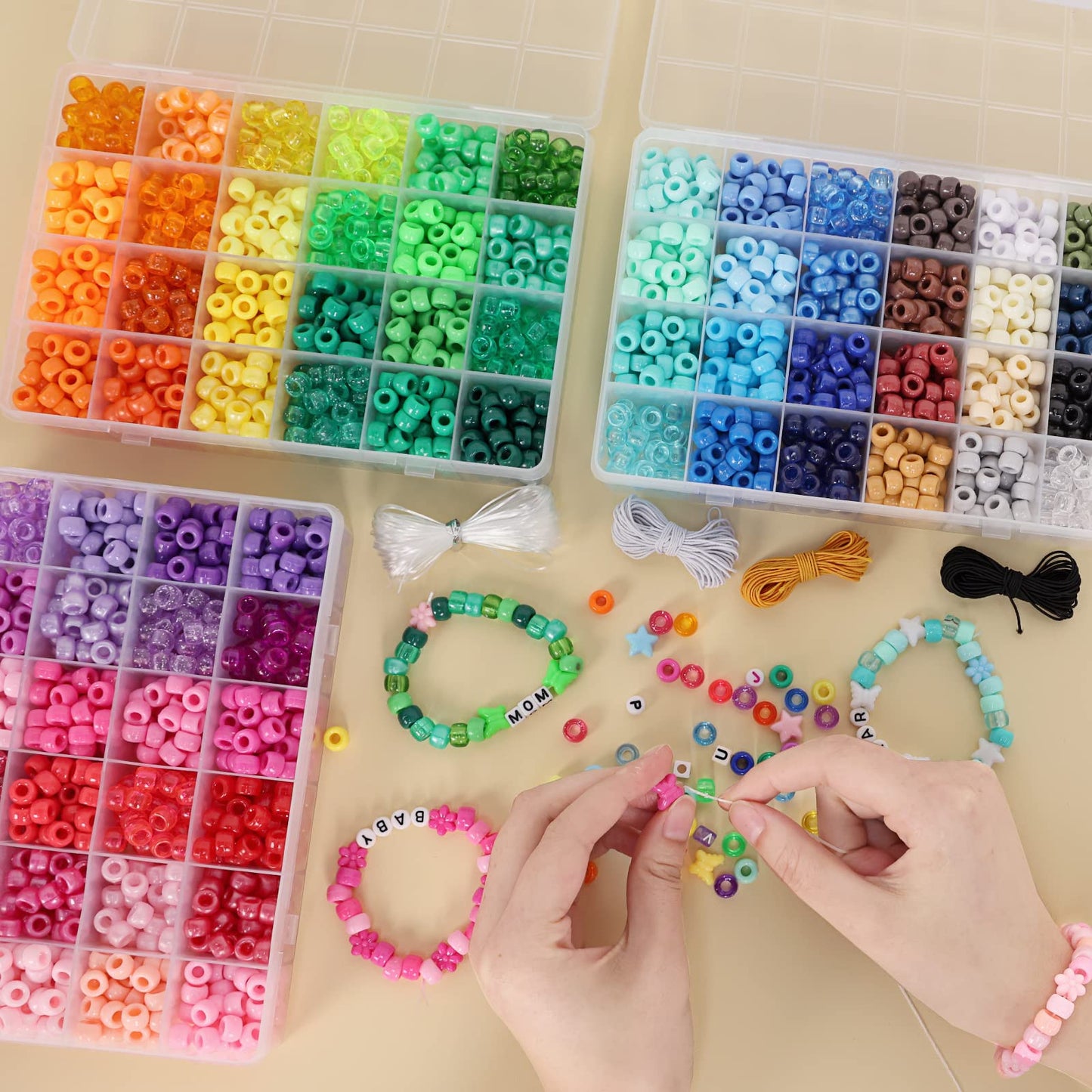 QUEFE 72 Colors Pony Beads for Bracelets Making Kit, 4700pcs Rainbow Kandi Bead, 9mm Pony Beads and Letter Beads, Alphabet Beads for Bracelets Jewelry Making with Elastic Threads