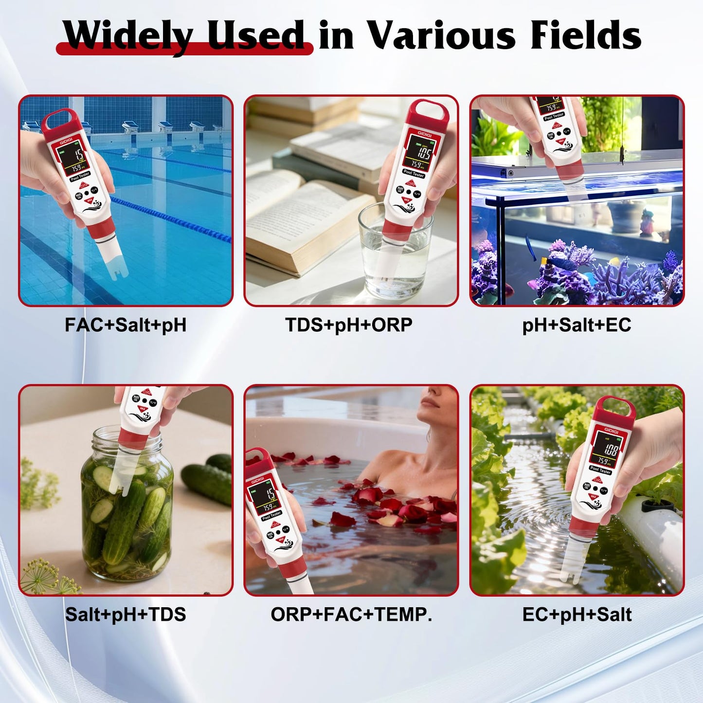GIDIGI Digital Chlorine Tester Pool Salinity Meter, 7-in-1 pH Meter Test FAC pH Salt ORP TDS EC,Hot Tub Chlorine Meter with Backlit Display Screen for Drinking Water Quality Chlorine Level,Pool Tester