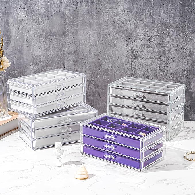 ProCase Earring Holder Organizer Jewelry Box with 3 Drawers, Acrylic Clear Earring Case with Adjustable Velvet Trays for Women - Purple, 3 Layers