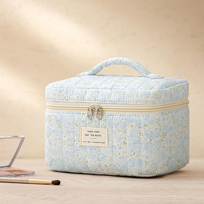 HBselect Quilted Makeup Bag, 3PCS Cotton Large Travel Makeup Bag, Cute Floral Coquette Make up Bag Cosmetic Bag Toiletry Bag for Women Girls