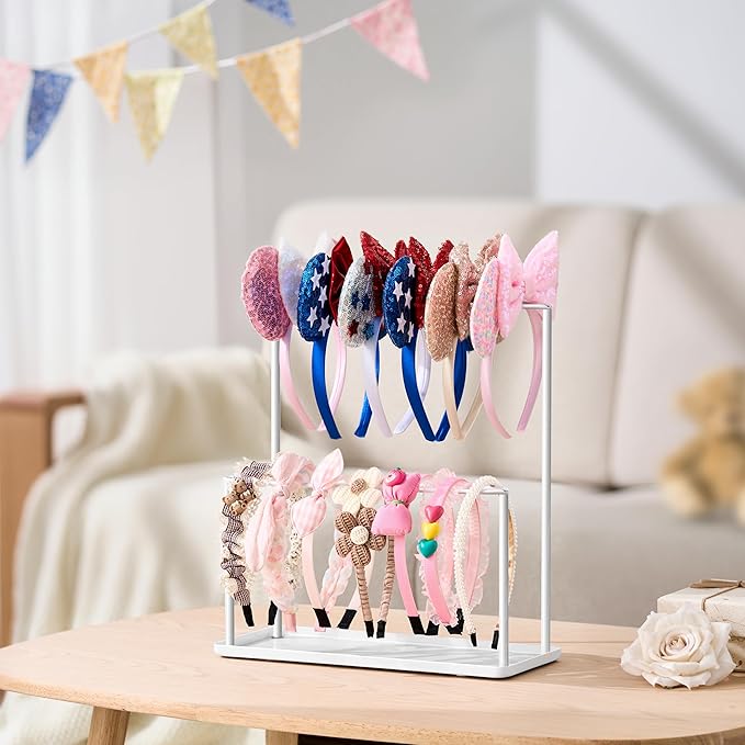 Headband Holder Organizer Metal 2-Tier with Tray: Hair Accessories Display Stand Storage Hairband Rack Necklace Stand Home Bedroom for Girls Women, White
