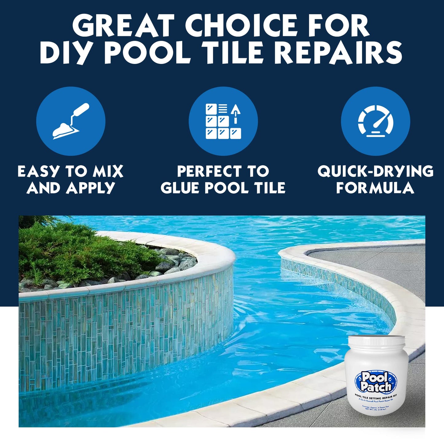 Pool Patch Pool Tile Adhesive Setting Repair Kit 3 lb - Easy to Mix and Apply Thinset Formula - Perfect to Glue Pool Tile - Quick-Drying, Extra Strong Bond - (coverage: approx. 6 sq. ft)