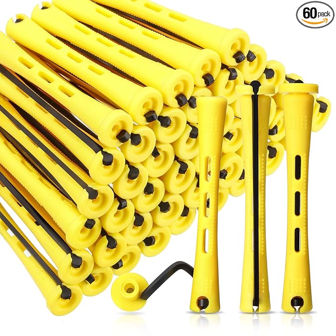 WILLBOND 60 Pcs Short Perm Rods Natural Hair Perm Rods with Elastic Rubber Band Non Slip Plastic Perming Cold Wave Kit for Women Hairdressing Styling Tool(0.28 Inch,Yellow)