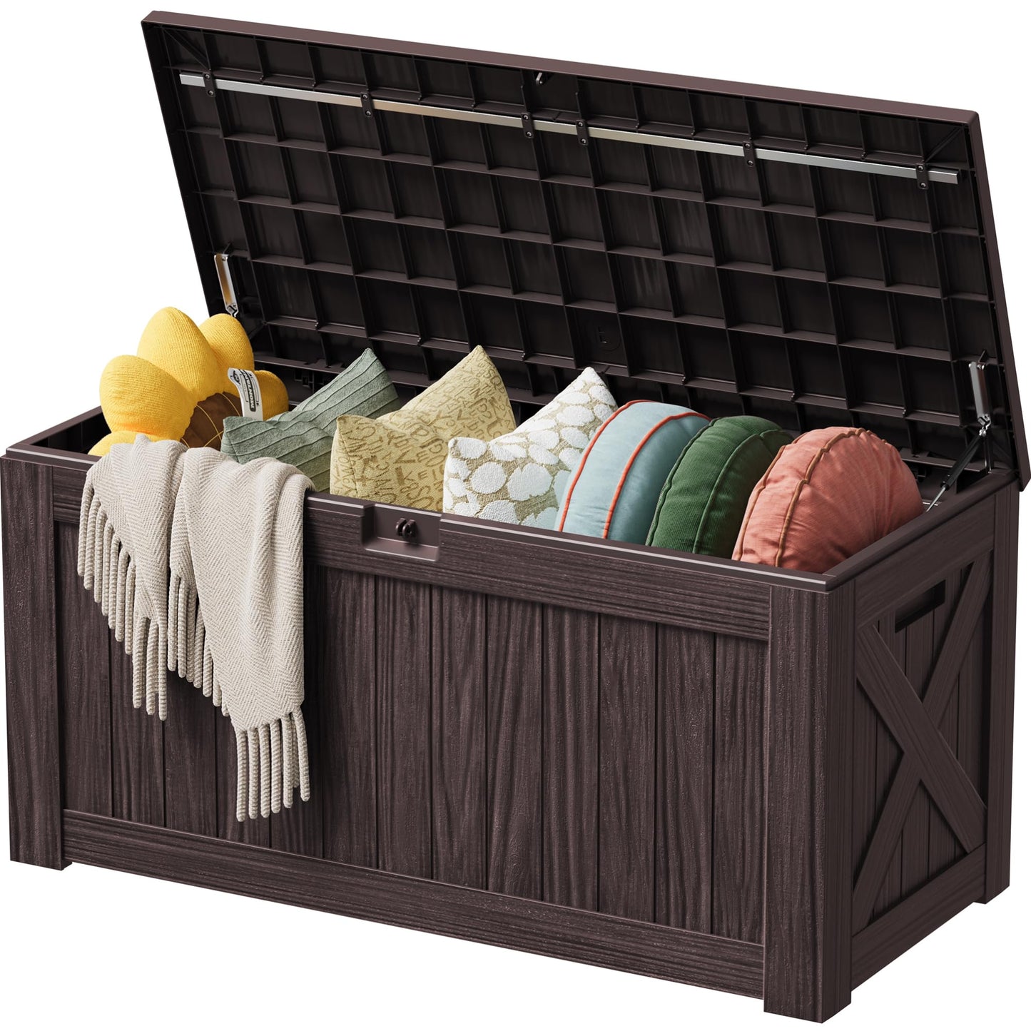 Devoko 125 Gallon Outdoor Storage Box, Waterproof Resin Deck Box for Patio Furniture, Lockable Container for Garden Cushions & Pool Supplies (Brown, 125 Gallon)