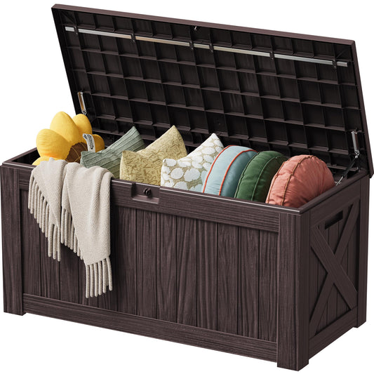 Devoko 125 Gallon Outdoor Storage Box, Waterproof Resin Deck Box for Patio Furniture, Lockable Container for Garden Cushions & Pool Supplies (Brown, 125 Gallon)
