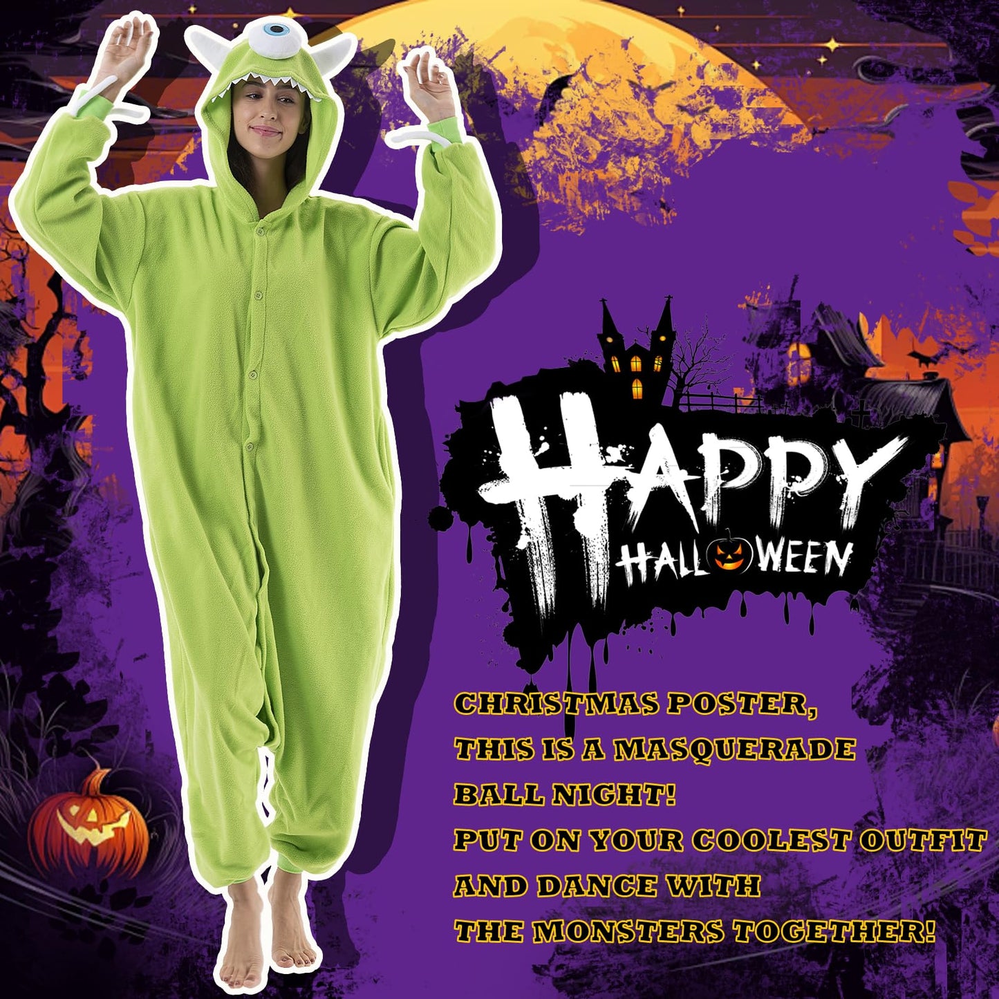 Beauty Shine Unisex Adult Onesie One Piece Pajamas Cosplay Cartoon Costume Halloween Christmas Sleepwear Jumpsuit Homewear(Mike Wazowski, Medium)