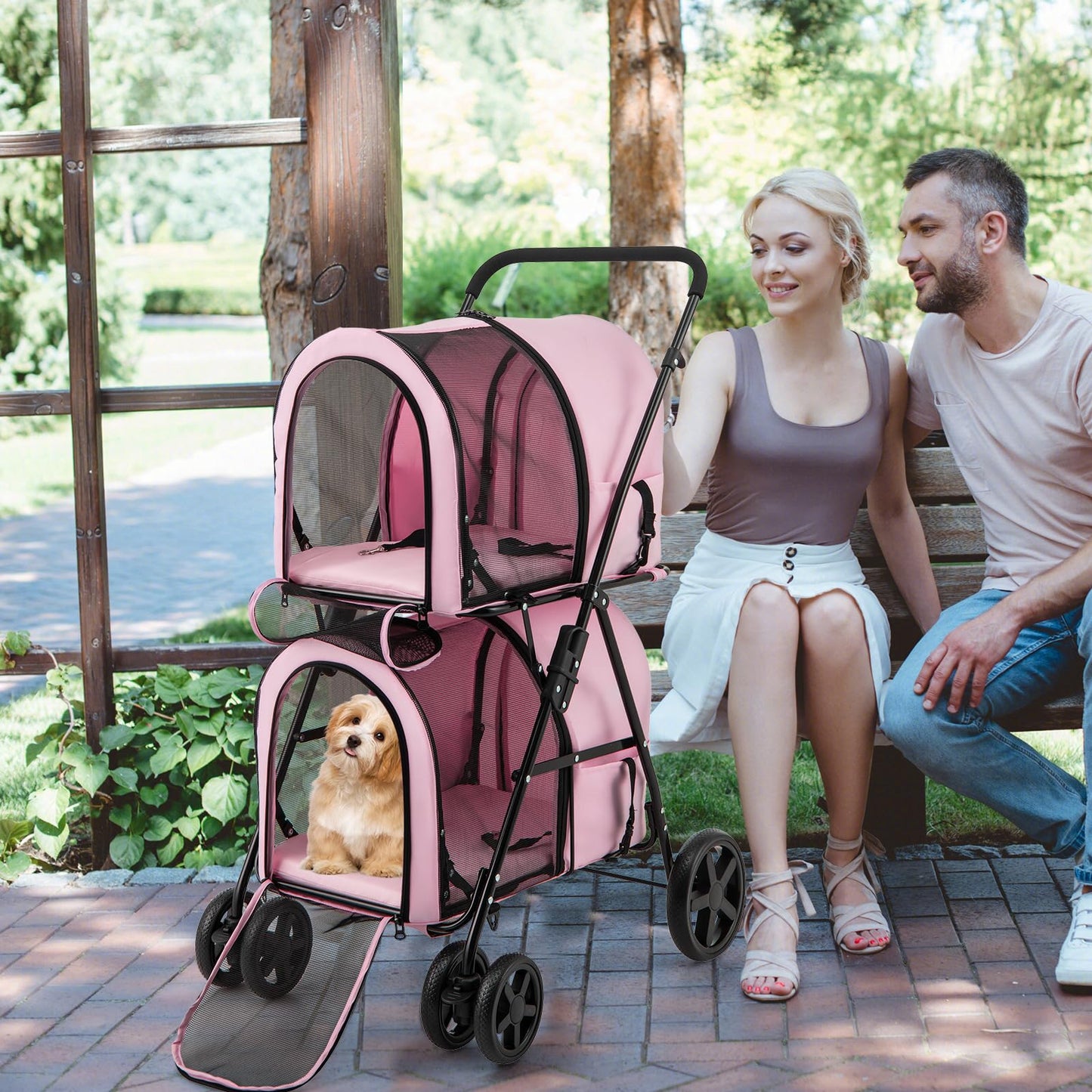 HAPPAWS Dog Stroller with 2 Detachable Carrier, Pet Stroller for Small Medium Dogs Cats, Jogger/Travel/Camping, 4-in-1 Doggy Pet Carrier, Carrier Strolling Cart with Lockable Wheels (Light Pink)