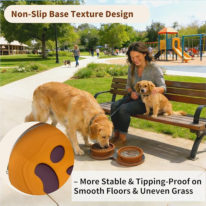 Collapsible Dog Bowls, 2-in-1 Silicone Pet Food and Water Bowl with Carabiner, Portable Double Compartment Dish for Travel, Camping, Hiking Puppy Essentials (Brown)