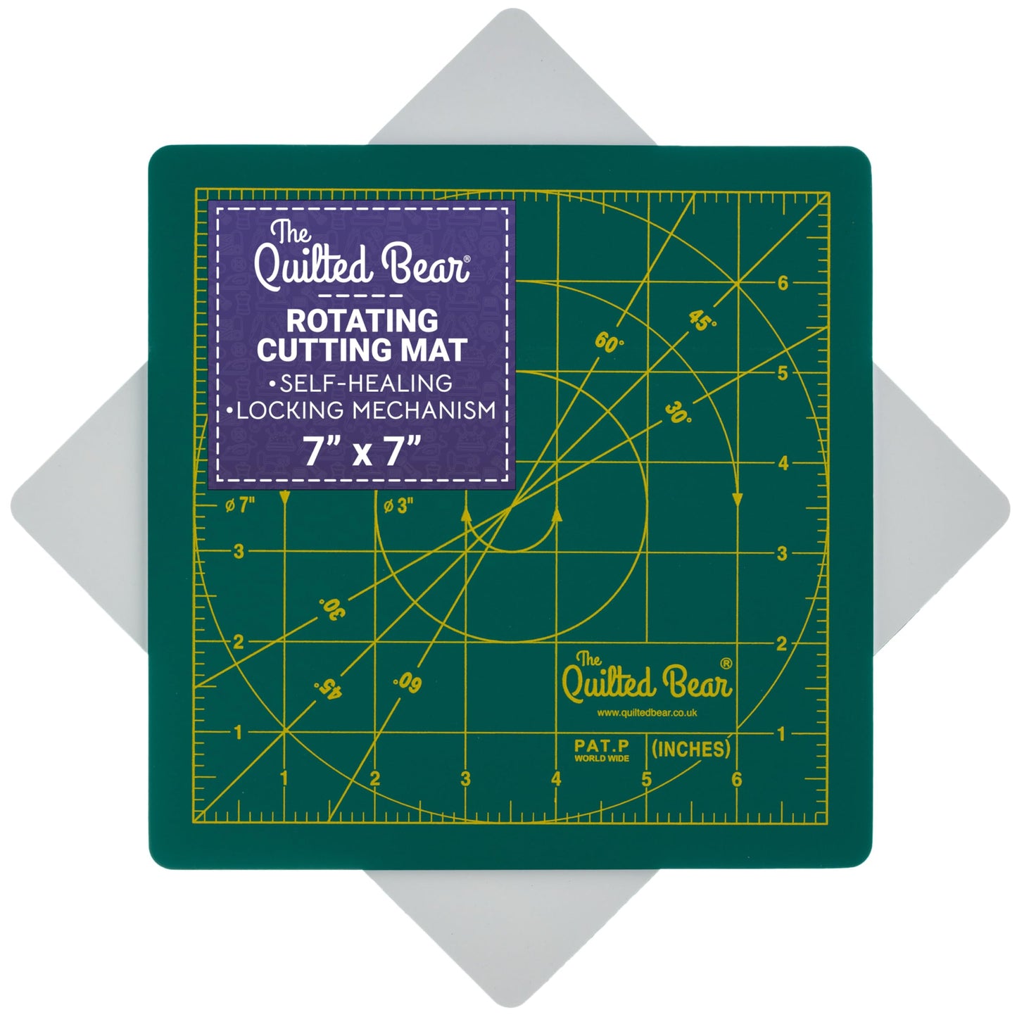 The Quilted Bear Rotating Cutting Mat 7" x 7" - Locking & Rotating Self Healing Cutting Board for Sewing, Fabric & Effortless Quilting - 360 Degree Sewing Supplies Mat for Craft Table (Green)