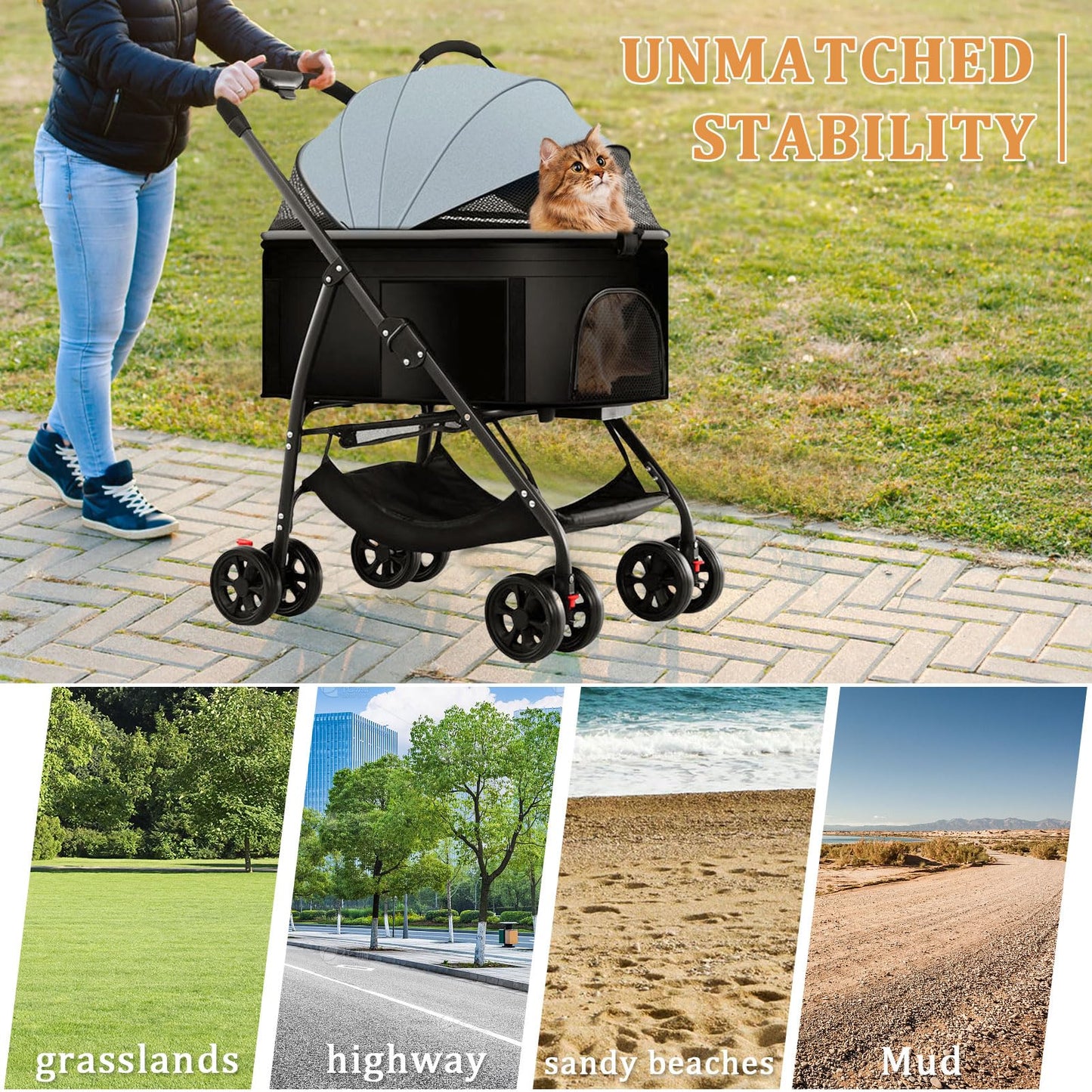 3 in 1 Dog Strollers 4 Wheels Folding Pet Stroller with Detachable Carrier Multifunction Portable Dogs Travel Carriers for Medium Small Puppy Kittens
