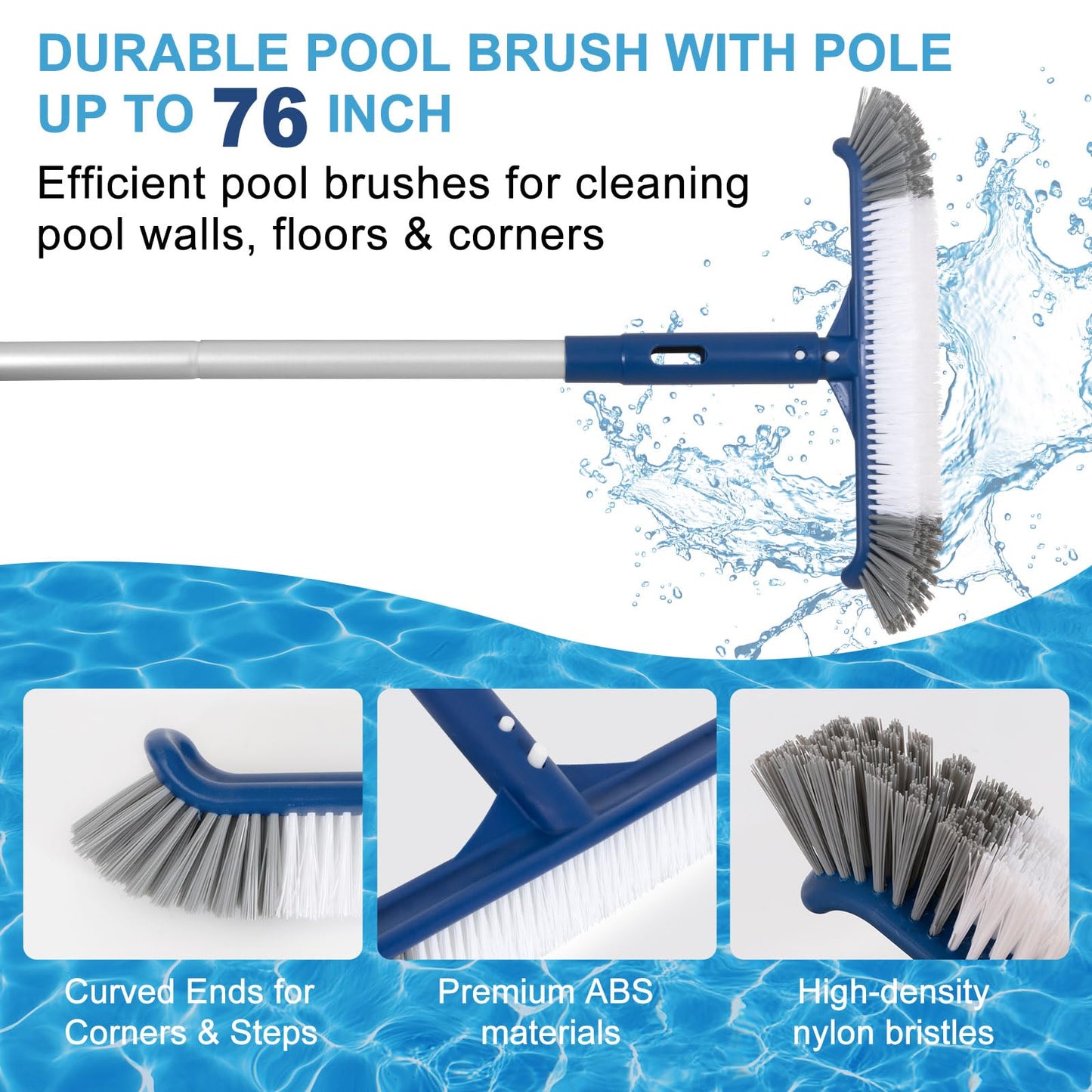 Pool Cleaning Kit, 14.5'' Pool Brush Head & Ultra Fine Mesh Pool Skimmer Net with Pole, Aluminum Frame Pool Net Skimmer & Pool Brush with Pole,Pool Net & Pool Brushes for Cleaning Pool Walls with Pole