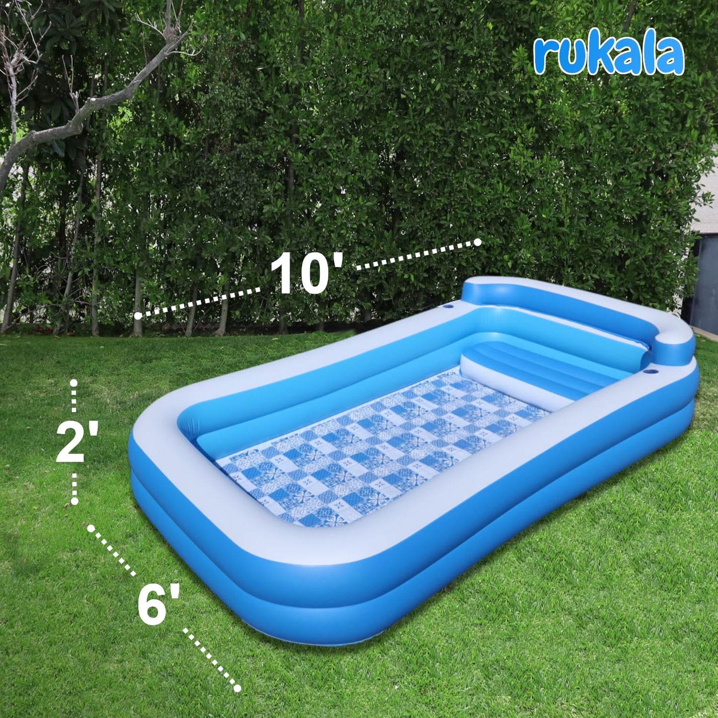 Inflatable Pool w/Bench Seat, 10ft x 6ft, Electric Pump & Ground Tarp Included - Fast Setup and Reinforced Seams