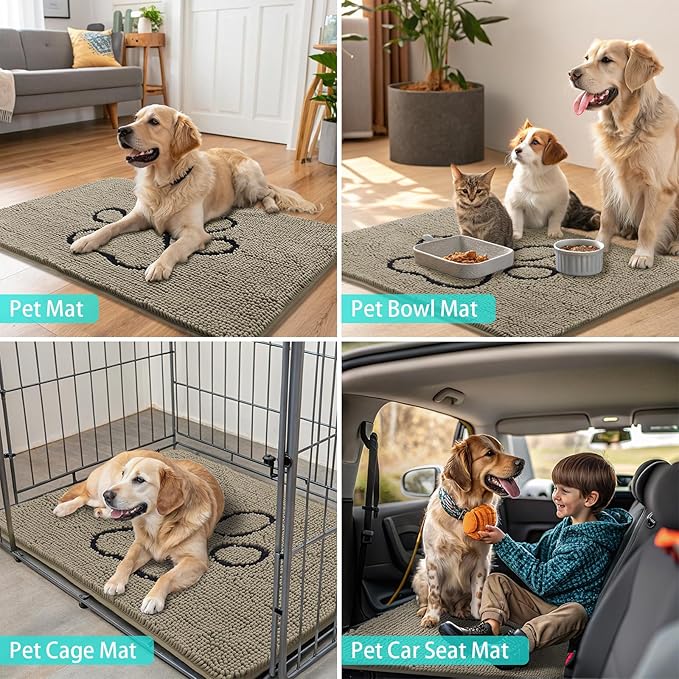 Smiry Dog Door Mat for Muddy Paws, Absorbent Dirt Trapper Non Slip Quick Dry Washable Chenille Mat for Mud Dogs, Entry Rug for Indoor and Outdoor (48x30 Inches, Warm Taupe and Black)