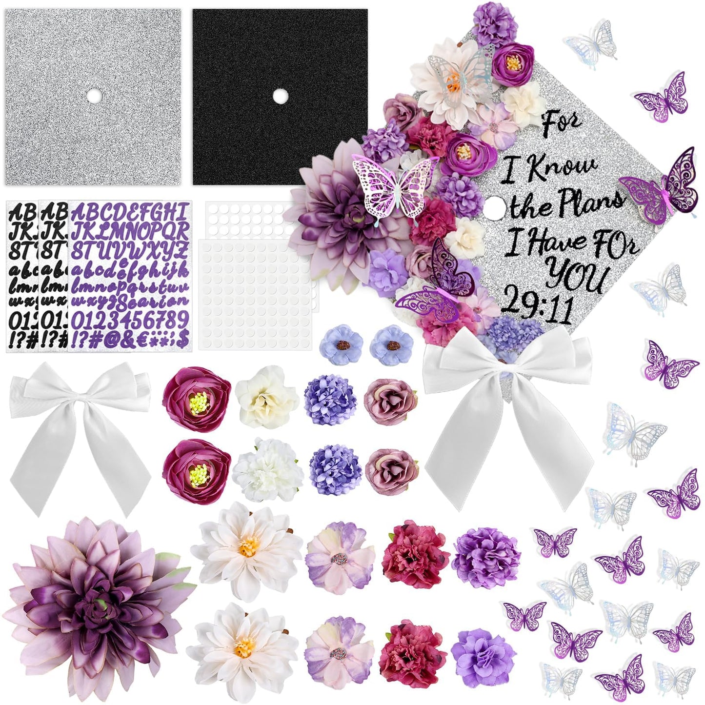55 Pcs Purple DIY Graduation Cap Decorations Faux Assorted Flowers purple Bows 3D Butterfly Stickers Glitter Alphabet Letter Number Decals for DIY Hat Grad Cap Topper Graduation Party Supplies