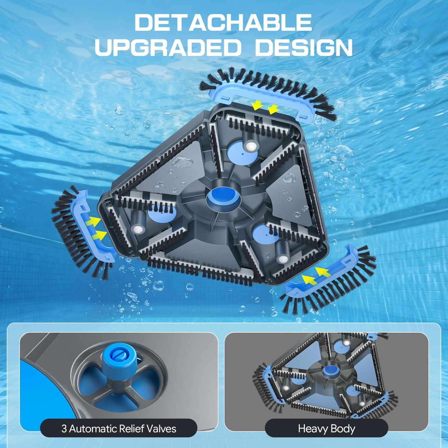 UIRWAY Upgrade Pool Vacuum Head with Side Brush & 360° Swivel Cuff, Heavy Duty Manual Kink-Resistant 1-1/2" x 30 Ft Vacuum Hoses, Weighted Triangular Shape for Inground & Above Ground Pool(No Pole)