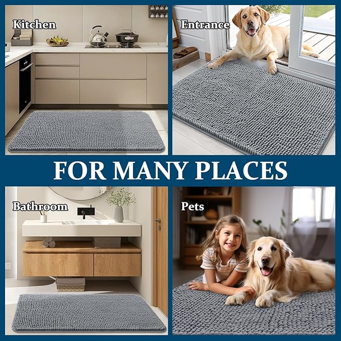OLANLY Dog Door Mat for Muddy Paws 47x20, Absorbs Moisture and Dirt, Absorbent Non-Slip Washable Doormat, Quick Dry Chenille Mud Mat for Dogs, Entry Indoor Entryway Carpet for Inside Floor, Grey