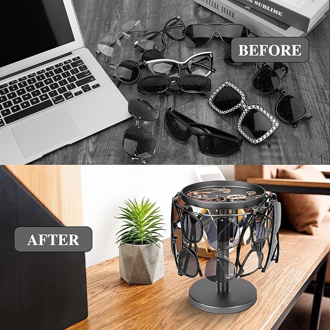 360° Rotating Sunglass Organizer Storage, Stainless Steel Glasses Holder Stand, Glasses Organizer with Tray for Desk, Dresser, Tabletop, Nightstand and Home Decor(Titanium Black)