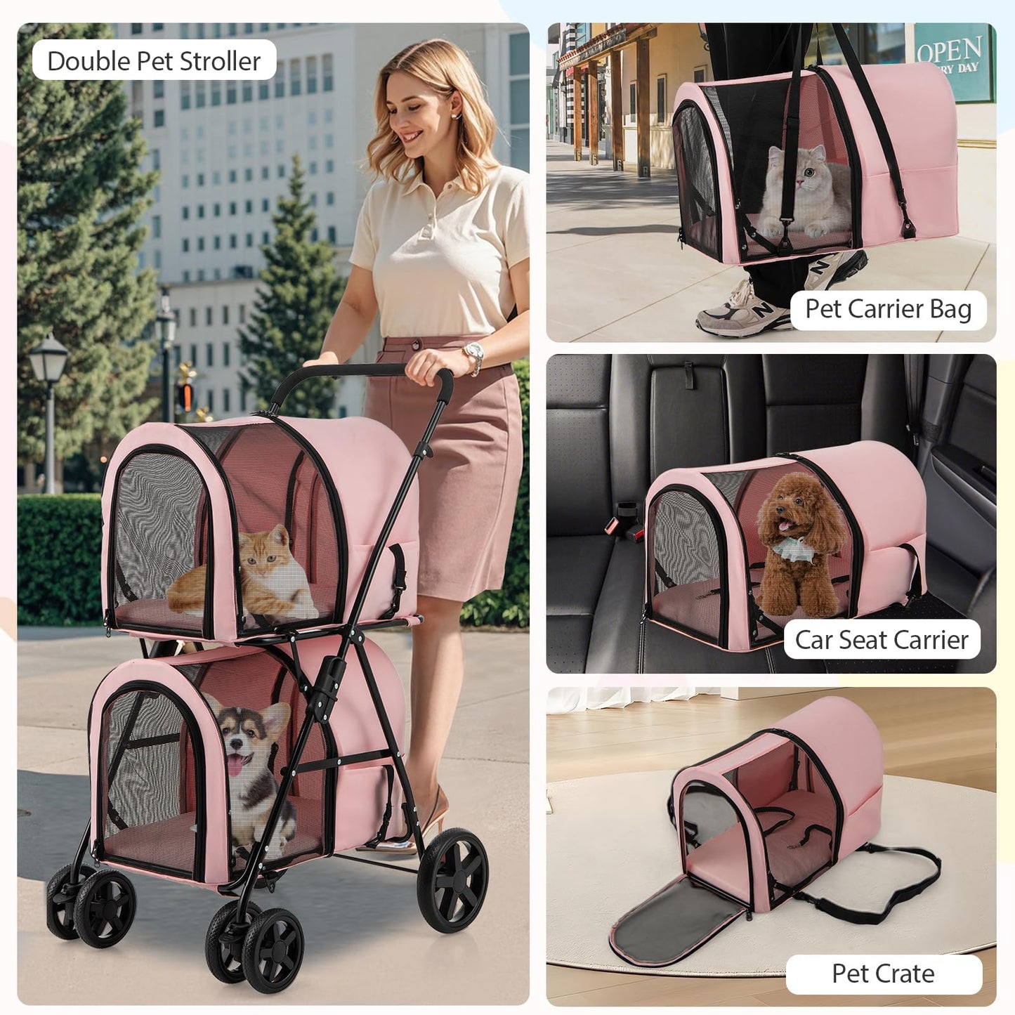 Giantex Double Pet Stroller with 2 Detachable Carrier Bags, Safety Belt, 4 Lockable Wheels, Folding Cat & Dog Stroller for Small Medium Pets, Cats Dogs Puppy Travel Strolling Cart (Pink)