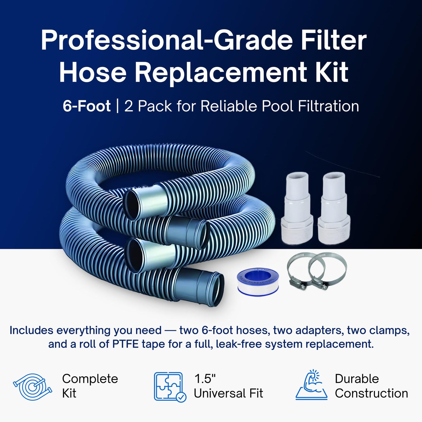 FibroPool Professional Pool Filter Hose Replacement Kit – 1.5" 6 Foot Hose 2 Pack with Reinforced Cuffs, Adapters, Clamps & PTFE Tape – Durable, Leak-Resistant, Universal Compatibility