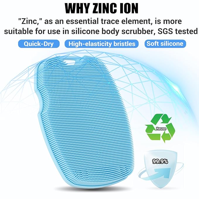 Canroom Silicone Body Scrubber - Anti Zinc Infused-Highly Elastic Bristles Exfoliating Body Scrubber for Shower Body,Cellulite Reduction,Blood Circulation - Azure