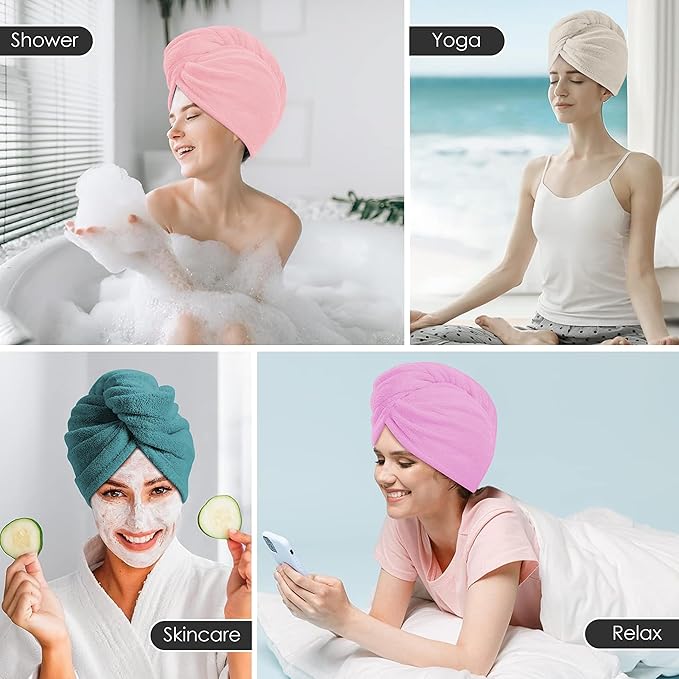 TENSTARS 5 Pack Thicken Microfiber Hair Towel Wrap for Women - Elastic Loop Design - 320GSM Coral Velvet - Quick Dry Hair Turban - 11x28 Inch (Pink+FrozenBerry+FrozenBlue+Teal+Cream)