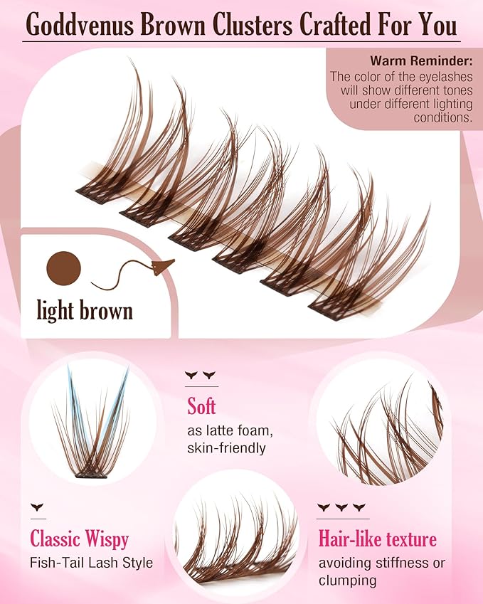 Brown Lash Clusters Kit Natural 300Pcs Wispy Lashes Cluster Eyelash Cluster Extensions Kit C Curve Individual Lashes Extensions Kit For DIY Waterproof & Long - Lasting (Light Brown10-16mm)