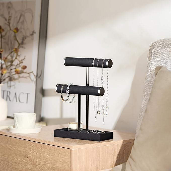 2 Tier Bracelet Holder Display - Detachable T Bar Black Velvet Bracelet Holder, Jewelry Holder Organizer for Bracelet, Necklace, Earrings, Rings