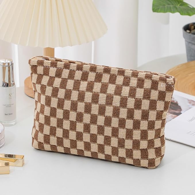 Cosmetic Bags for Women - Corduroy Cosmetic Bag Aesthetic Women Handbags Purses Smile Dots Makeup Organizer Storage Makeup Bag Girls Case Bags (Q-Checkered Khaki)