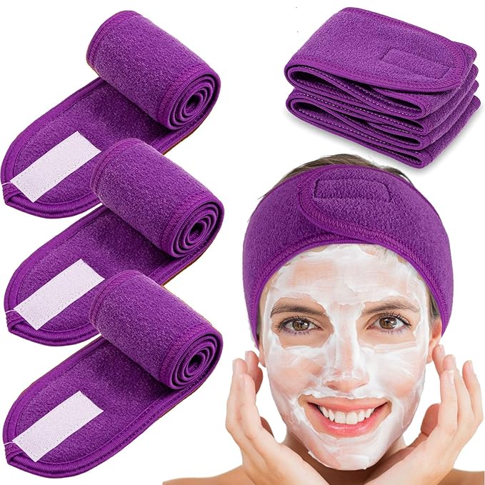 Whaline Spa Facial Headband 4 Packs Head Wrap Terry Cloth Headband Adjustable Stretch Towel for Bath, Makeup and Sport (Purple)