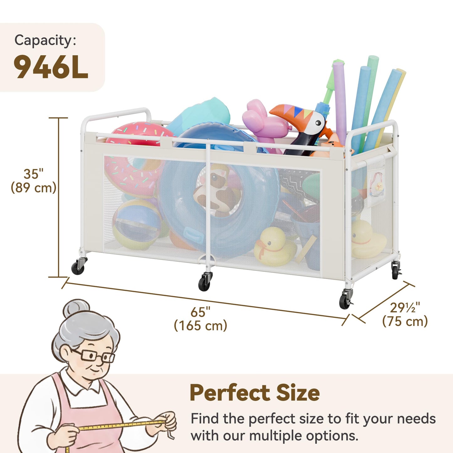 GRANNY SAYS Pool Float Storage Organizer, 290-Gallon Large Pool Storage Bin,35" Pool Toy Storage Cart with Wheels for Floats,Toys and Balls,Mesh Poolside Storage Holder for Swimming Pool,Beige